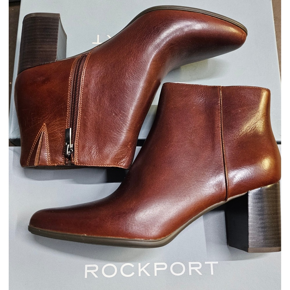 Rockport TN Lynix Bootie Havane Leather Block Heel Zip Ankle Boots Womens 10M